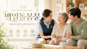백일돌봄문 100일 재가복지센터 돌봄 시리즈 대표 이미지로, 어르신과 가족, 요양보호사가 따뜻한 집 안에서 함께 웃고 있는 모습